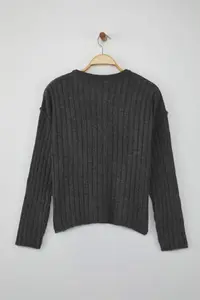 TRENDYOLMİLLA More Sustainable Anthracite Basic Ribbed Wide Pattern Knitwear Cardigan - Image 6