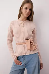 TRENDYOLMİLLA More Sustainable Powder Pink Basic Ribbed Wide Pattern Knitwear Cardigan - Image 2