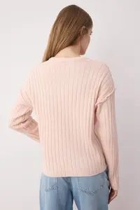 TRENDYOLMİLLA More Sustainable Powder Pink Basic Ribbed Wide Pattern Knitwear Cardigan - Image 4