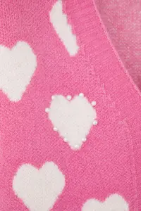 TRENDYOLMİLLA Teen Pink Soft textured Heart Patterned Pearl Detailed Knitwear Cardigan - Image 6