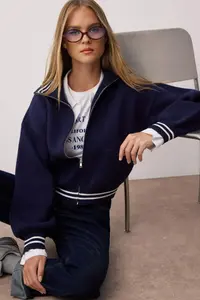 TRENDYOLMİLLA Navy Blue Premium Yarn/Special Yarn Zippered Coat Look Knitwear Cardigan