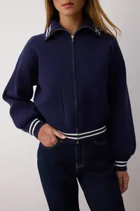 TRENDYOLMİLLA Navy Blue Premium Yarn/Special Yarn Zippered Coat Look Knitwear Cardigan - Image 3
