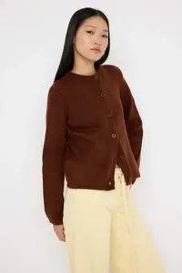 TRENDYOLMİLLA Teen Brown Soft textured Wide Pattern Extra Shawl Knitwear Cardigan - Image 3