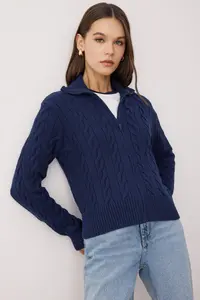 TRENDYOLMİLLA Wardrobe Essentials Navy Blue Premium YarnTurn-down Collar Braided Basic Knitwear Cardigan | - Image 2