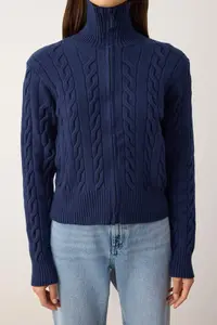 TRENDYOLMİLLA Wardrobe Essentials Navy Blue Premium YarnTurn-down Collar Braided Basic Knitwear Cardigan | - Image 3