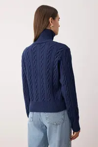 TRENDYOLMİLLA Wardrobe Essentials Navy Blue Premium YarnTurn-down Collar Braided Basic Knitwear Cardigan | - Image 4