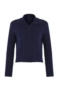 TRENDYOLMİLLA Wardrobe Essentials Navy Blue Premium YarnTurn-down Collar Braided Basic Knitwear Cardigan | - Image 5