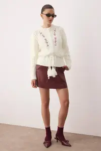 TRENDYOLMİLLA Ecru Soft textured Embroidered Knitwear Cardigan - Image 2