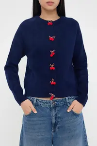 TRENDYOLMİLLA Navy Blue Crew Neck Cherry Accessory Detailed Knitwear Cardigan - Image 3