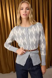 TRENDYOLMİLLA Special Collection Gray Baklava Patterned Arched Knitwear Cardigan