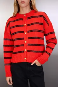TRENDYOLMİLLA Red Soft textured Striped Wide Pattern Knitwear Cardigan - Image 3