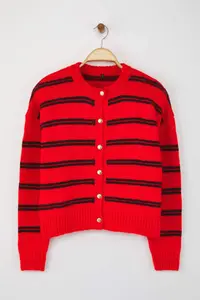 TRENDYOLMİLLA Red Soft textured Striped Wide Pattern Knitwear Cardigan - Image 5