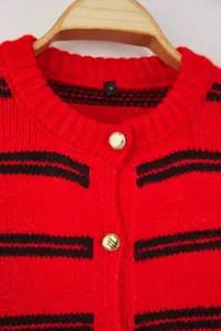 TRENDYOLMİLLA Red Soft textured Striped Wide Pattern Knitwear Cardigan - Image 6