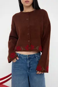 TRENDYOLMİLLA Teen Brown Soft textured Wide Pattern flower patterned Knitwear Cardigan - Image 3