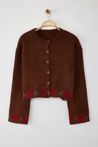 TRENDYOLMİLLA Teen Brown Soft textured Wide Pattern flower patterned Knitwear Cardigan - Image 5