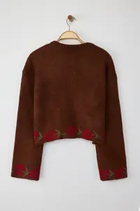 TRENDYOLMİLLA Teen Brown Soft textured Wide Pattern flower patterned Knitwear Cardigan - Image 6
