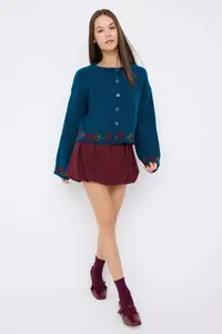 TRENDYOLMİLLA Teen Petrol Soft textured flower patterned Knitwear Cardigan - Image 2