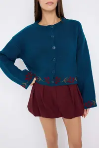 TRENDYOLMİLLA Teen Petrol Soft textured flower patterned Knitwear Cardigan - Image 3