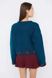 TRENDYOLMİLLA Teen Petrol Soft textured flower patterned Knitwear Cardigan - Image 4
