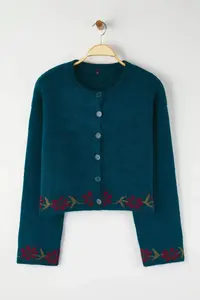 TRENDYOLMİLLA Teen Petrol Soft textured flower patterned Knitwear Cardigan - Image 5