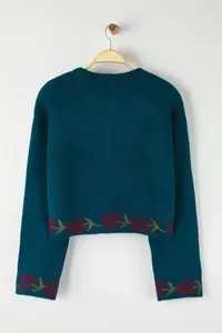 TRENDYOLMİLLA Teen Petrol Soft textured flower patterned Knitwear Cardigan - Image 6