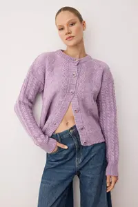 TRENDYOLMİLLA Lilac Soft textured Button Detailed Wide Pattern Knitwear Cardigan