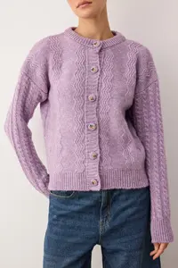 TRENDYOLMİLLA Lilac Soft textured Button Detailed Wide Pattern Knitwear Cardigan - Image 3