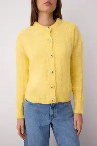 TRENDYOLMİLLA Yellow Soft textured Button Detailed Wide Pattern Knitwear Cardigan - Image 3