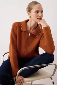 TRENDYOLMİLLA Brick Red with bible Wide Pattern Knitwear Cardigan