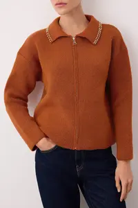 TRENDYOLMİLLA Brick Red with bible Wide Pattern Knitwear Cardigan - Image 3