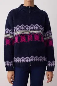 TRENDYOLMİLLA Navy Blue Ethnic Patterned Shaggy/Fleece Wide Pattern Knitwear Cardigan - Image 3