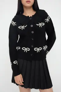 TRENDYOLMİLLA Teen Black Soft textured Ribbon Patterned Knitwear Cardigan - Image 3