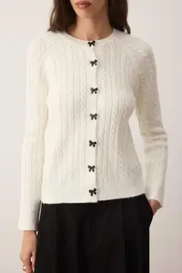 TRENDYOLMİLLA Ecru Soft textured Ribbon buttoned Knitwear Cardigan - Image 3