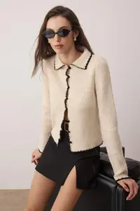 TRENDYOLMİLLA Stone Polo Shirt Collar Button Coated Embroidered Knitwear Cardigan