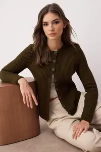 TRENDYOLMİLLA More Sustainable Khaki Fitted Basic Ribbed Knitwear Cardigan