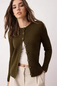 TRENDYOLMİLLA More Sustainable Khaki Fitted Basic Ribbed Knitwear Cardigan - Image 2