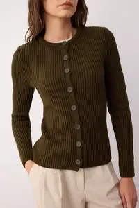 TRENDYOLMİLLA More Sustainable Khaki Fitted Basic Ribbed Knitwear Cardigan - Image 3