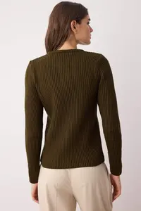 TRENDYOLMİLLA More Sustainable Khaki Fitted Basic Ribbed Knitwear Cardigan - Image 4