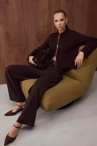 TRENDYOLMİLLA Special Collection Brown Cotton Blended Polo Shirt Collar Pocket Detail Knitwear Cardigan