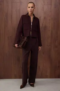 TRENDYOLMİLLA Special Collection Brown Cotton Blended Polo Shirt Collar Pocket Detail Knitwear Cardigan - Image 2