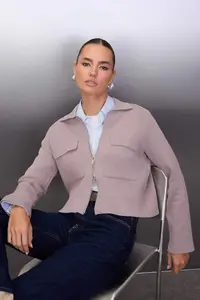 TRENDYOLMİLLA Special Collection Mink Cotton Blended Polo Shirt Collar Pocket Detail Knitwear Cardigan