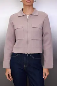TRENDYOLMİLLA Special Collection Mink Cotton Blended Polo Shirt Collar Pocket Detail Knitwear Cardigan - Image 3