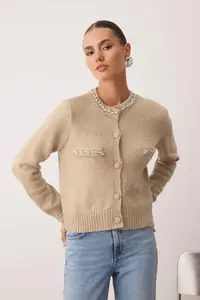 TRENDYOLMİLLA Mink Soft textured Stone Embroidered Knitwear Cardigan