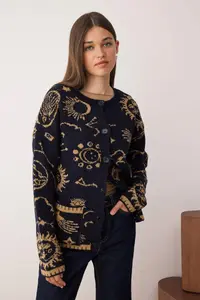 TRENDYOLMİLLA Navy Blue Soft textured Wide Pattern Knitwear Cardigan