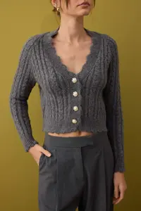 TRENDYOLMİLLA Anthracite Soft textured Pearl Button Detailed Crop Knitwear Cardigan - Image 3
