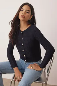 TRENDYOLMİLLA Navy Blue textured Cotton Look Knitwear Cardigan
