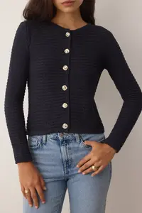 TRENDYOLMİLLA Navy Blue textured Cotton Look Knitwear Cardigan - Image 3