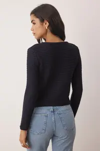 TRENDYOLMİLLA Navy Blue textured Cotton Look Knitwear Cardigan - Image 4