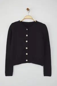 TRENDYOLMİLLA Navy Blue textured Cotton Look Knitwear Cardigan - Image 5
