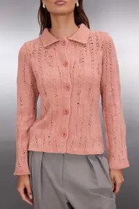 TRENDYOLMİLLA Dusty Rose Cellular/Perforated Boucle Thread Knitwear Cardigan - Image 3